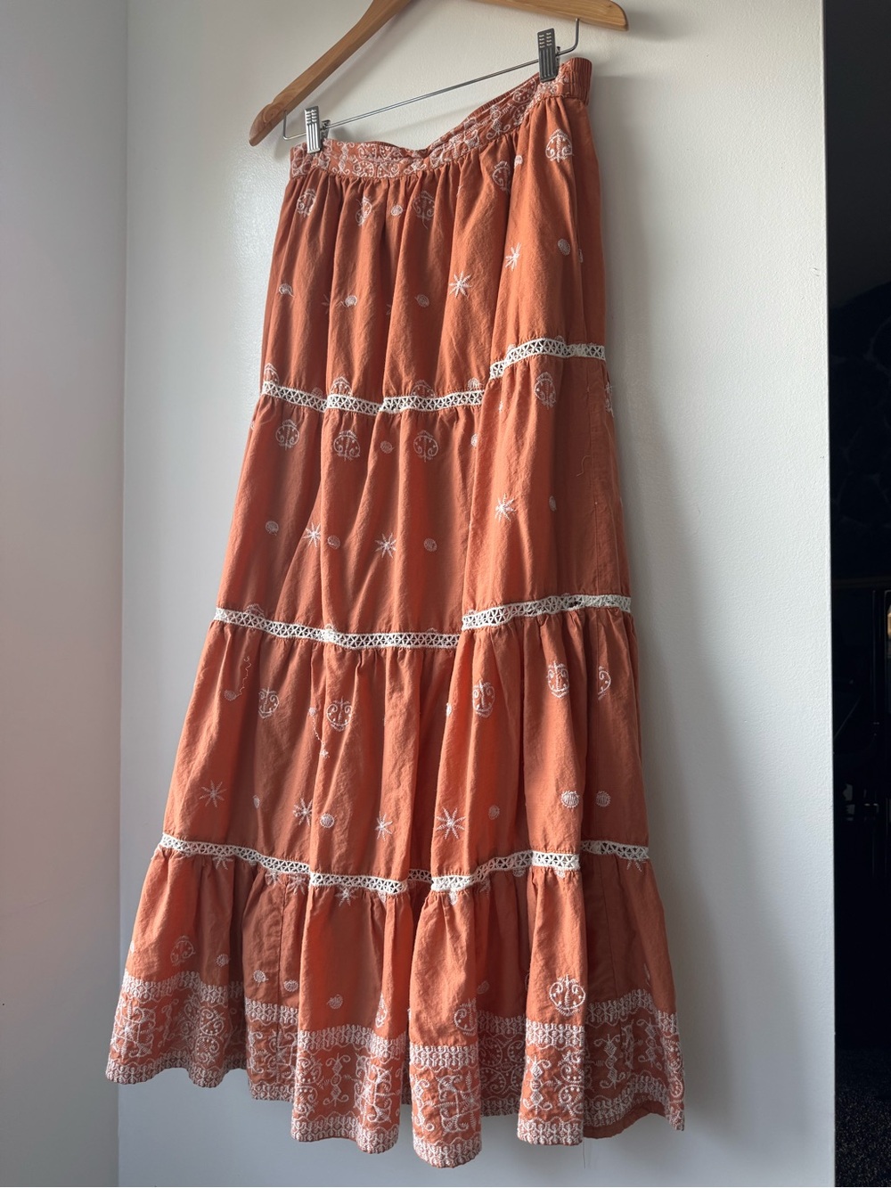 Cottagecore embroidered tiered cotton maxi skirt